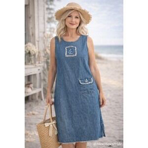 Blue J Nautical Denim‎ Dress Sailboat Anchor Sleeveless Coastal Grandma Size M